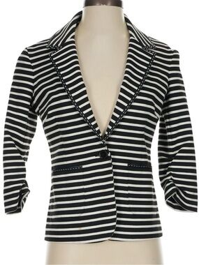 Laundry By Shelli Segal Black and White Striped 3/4 Rouched Sleeve Blazer